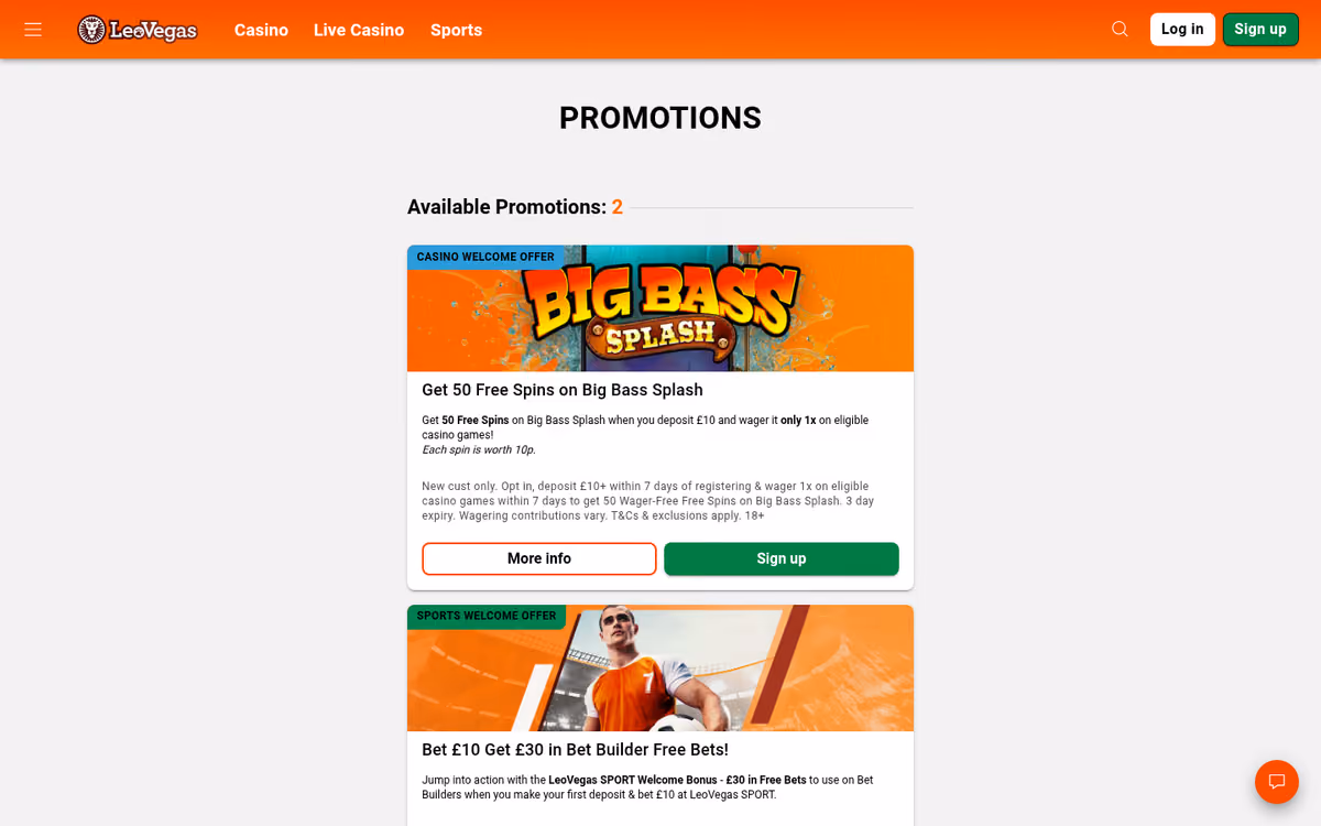 LeoVegas promotions page showing the casino and sports welcome offers