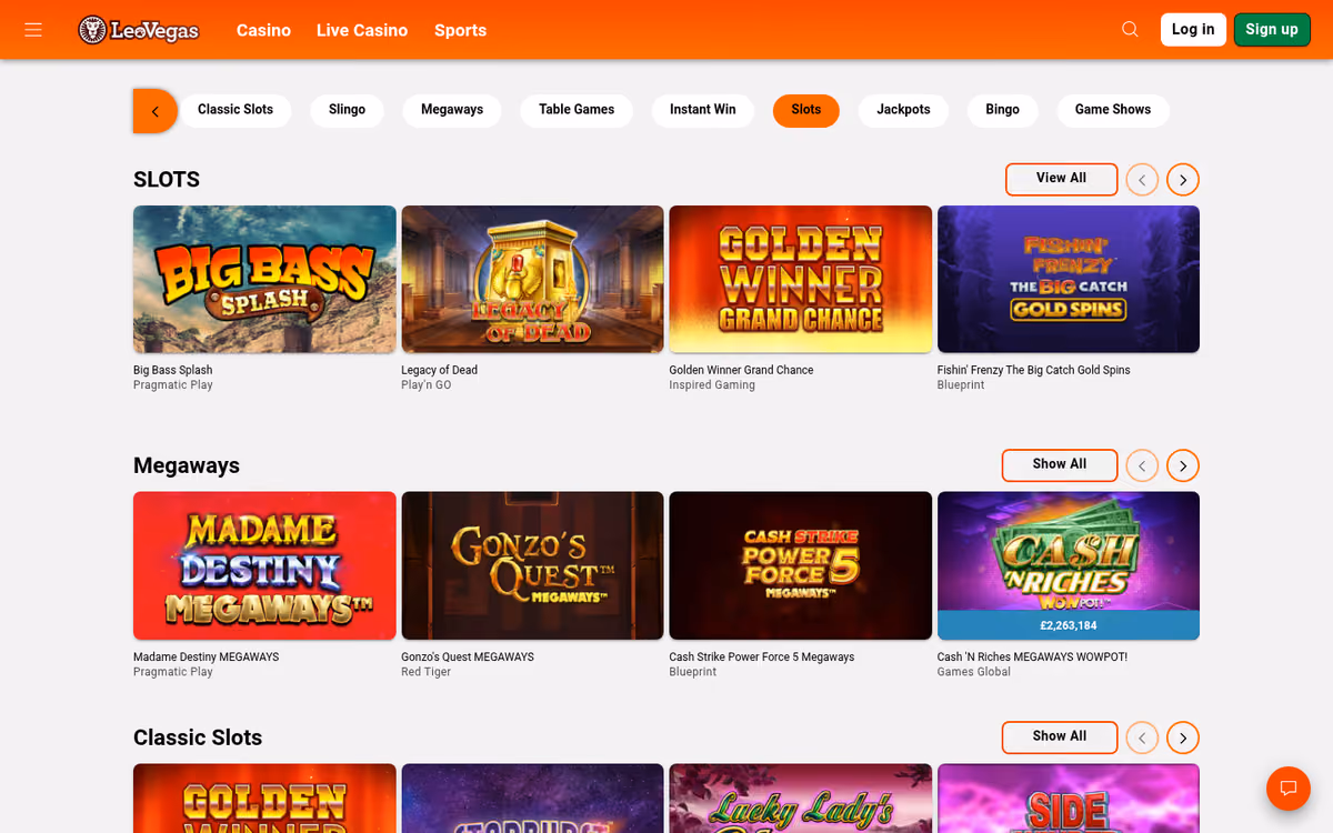 LeoVegas slots page showing the game library and filtering options