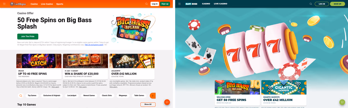 LeoVegas and Slot Boss homepages side by side showing the shared LeoVegas Group platform