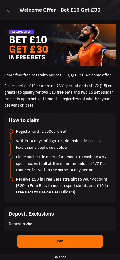 LiveScore Bet welcome offer on mobile showing the bet £10 get £30 claim steps in full