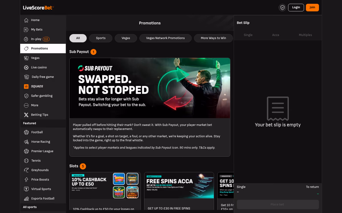 LiveScore Bet promotions page showing Sub Payout and five slots promotions