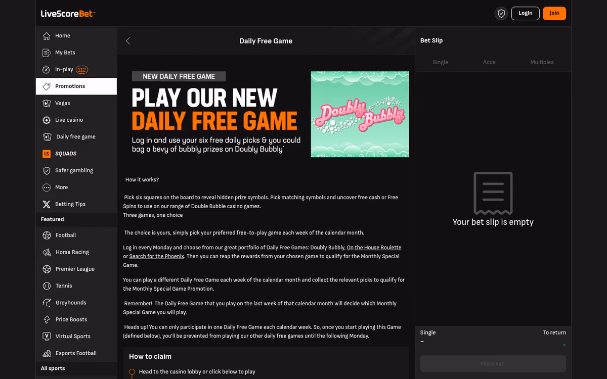 LiveScore Bet Daily Free Game page explaining the six-pick board and monthly qualification