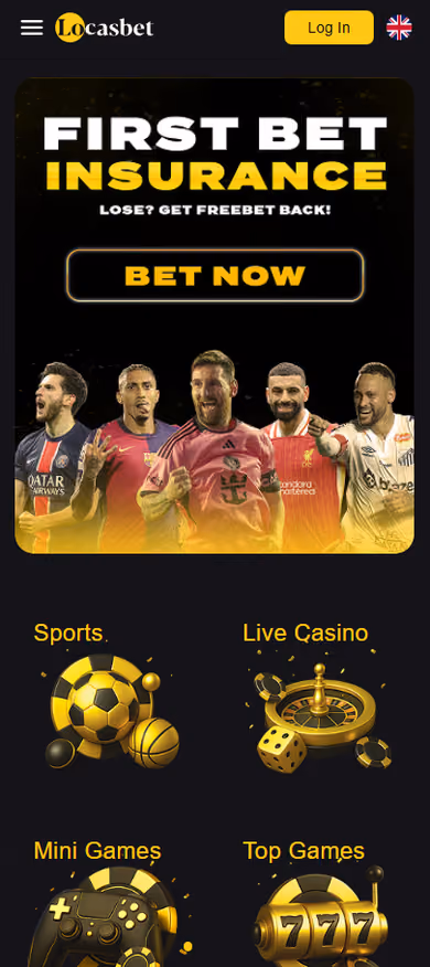 LocasBet mobile homepage showing the First Bet Insurance freebet offer above Sports, Live Casino, Mini Games and Top Games tiles
