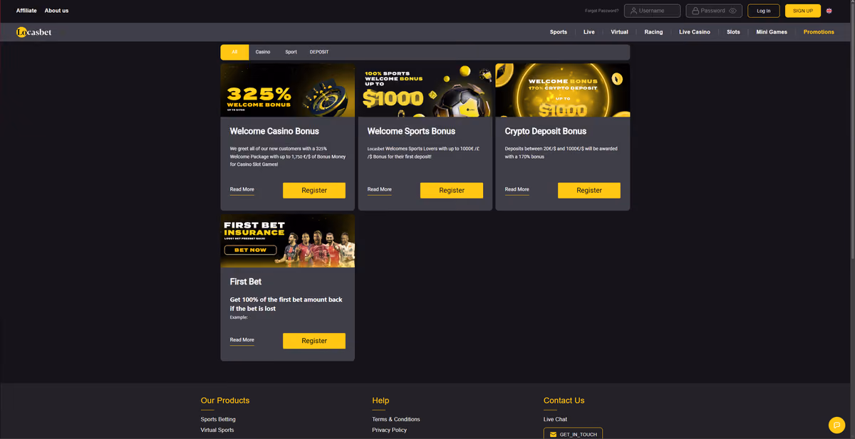 LocasBet promotions page showing the 325% welcome casino bonus, sports welcome bonus, 170% crypto deposit bonus and first bet insurance