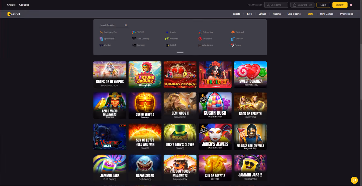 LocasBet slots lobby showing a fifteen-studio provider grid including Pragmatic Play, Yggdrasil, Push Gaming, Spinomenal and Amusnet