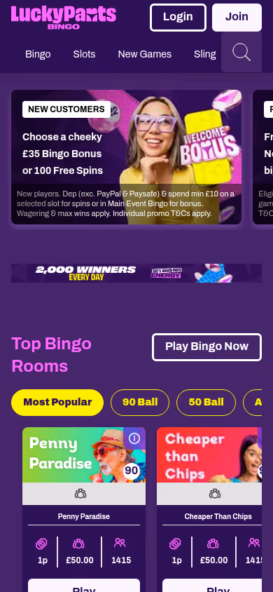 Lucky Pants Bingo homepage at mobile width