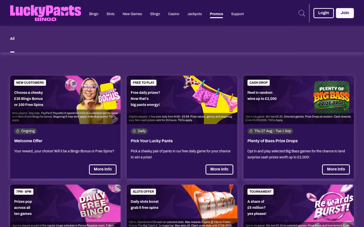 Lucky Pants Bingo promotions page