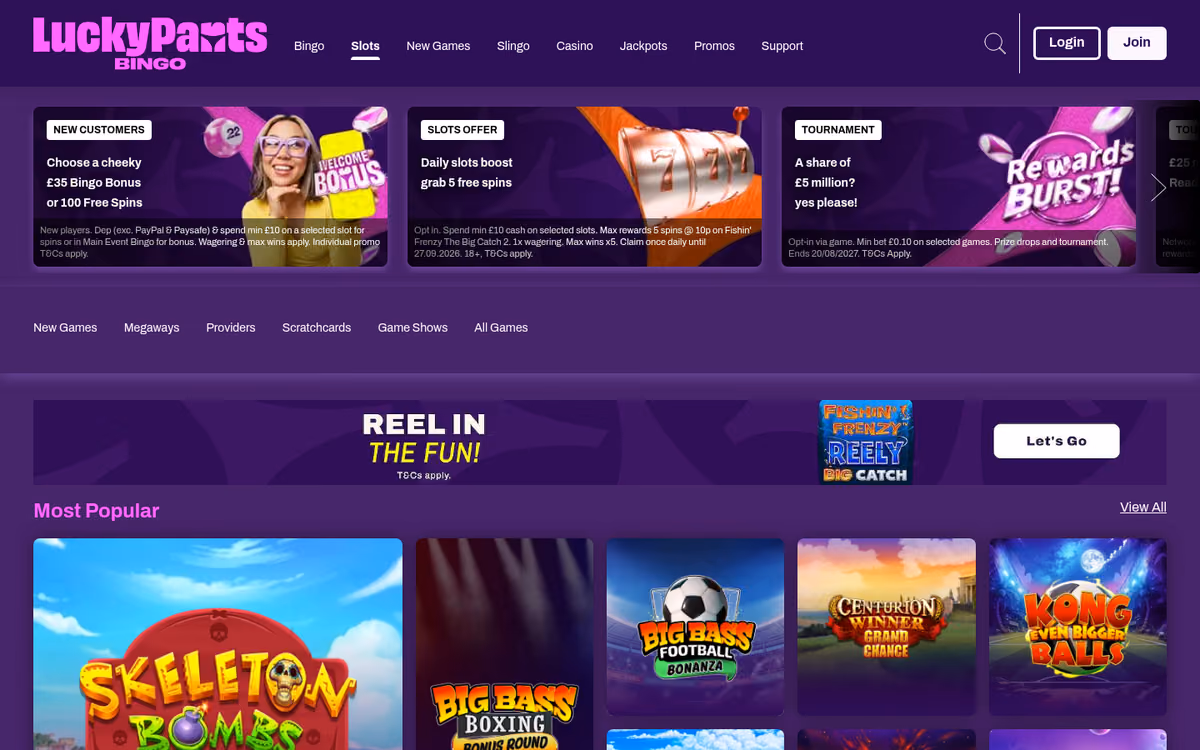 Lucky Pants Bingo rooms listing Penny Paradise, Cheaper Than Chips and Main Event