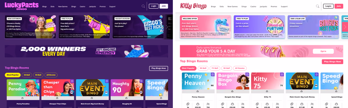 Lucky Pants Bingo beside Kitty Bingo, the two Rank bingo brands