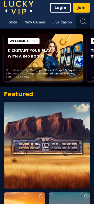 Lucky VIP homepage at mobile width