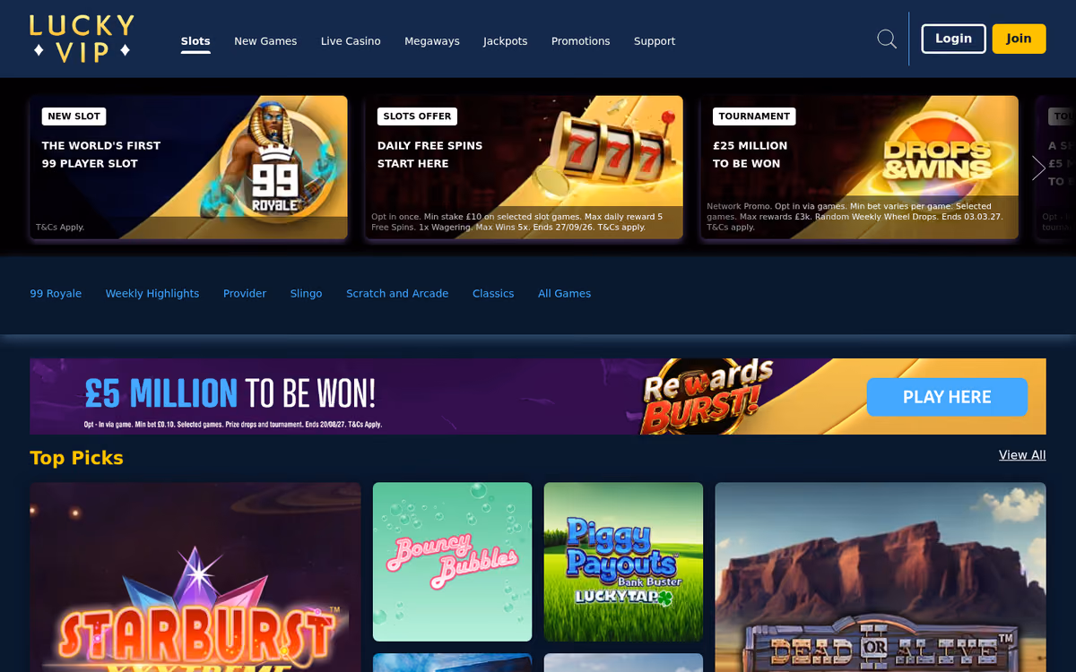 Lucky VIP slots lobby with Megaways and Jackpot King