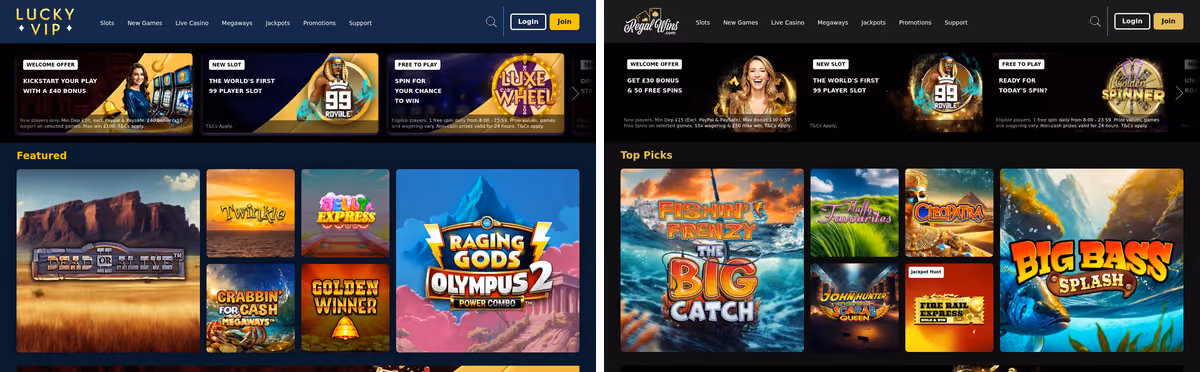 Lucky VIP beside Regal Wins, two Rank Interactive casinos on one build