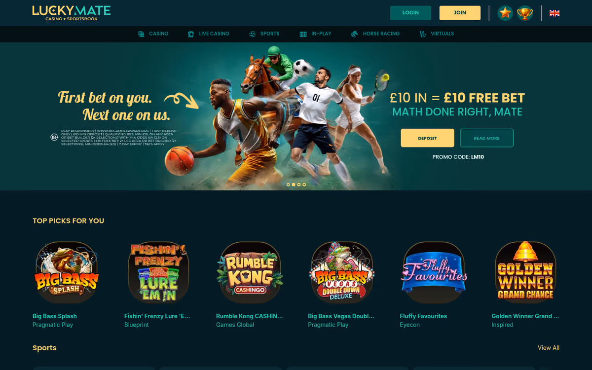 LuckyMate homepage with an Early Payout sports promotion and a row of game tiles each labelled with its studio