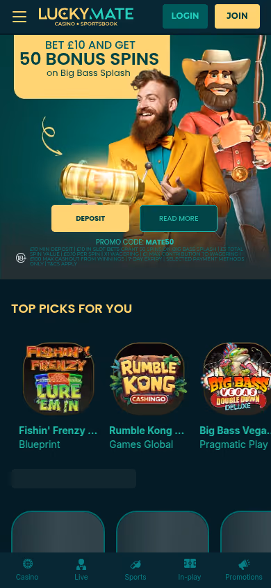 LuckyMate homepage at mobile width showing the same navigation and sign-in buttons as desktop