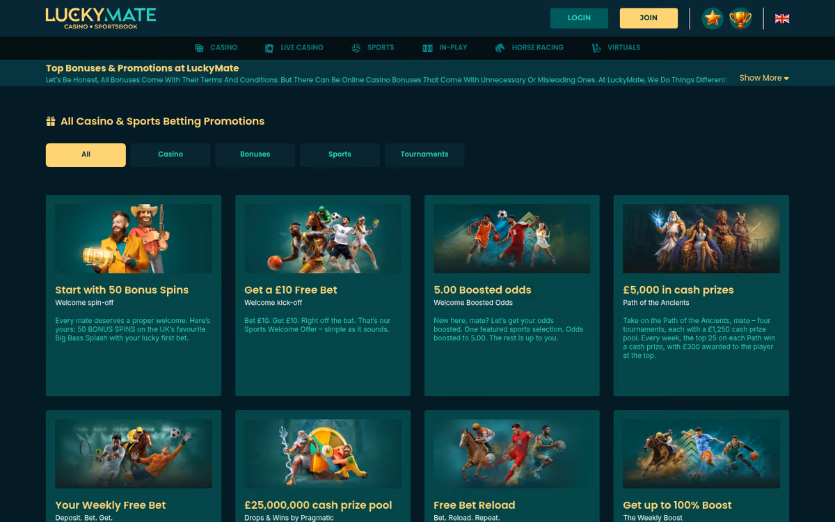 LuckyMate promotions page showing eight offer tiles across All, Casino, Bonuses, Sports and Tournaments tabs