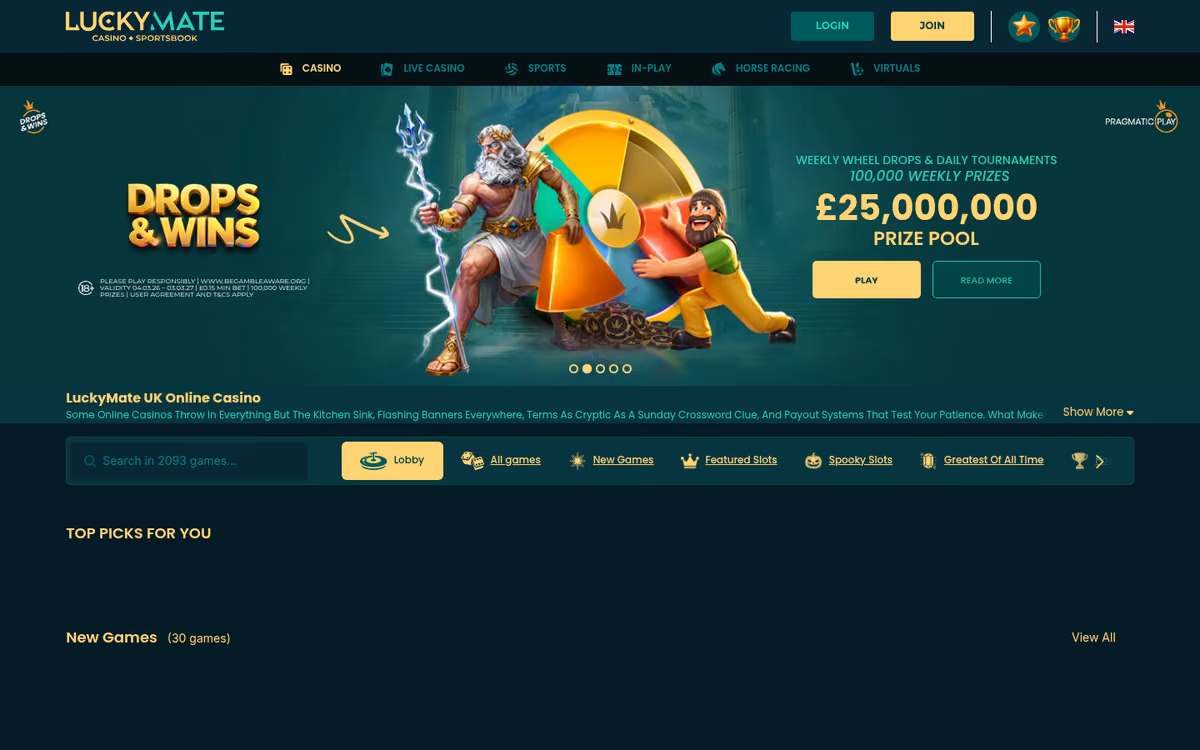 LuckyMate casino lobby with a Drops and Wins prize-pool banner and a search box reading Search in 2093 games