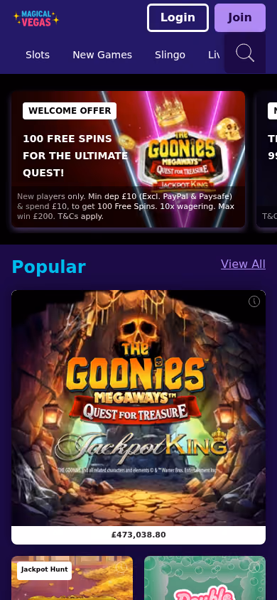 Magical Vegas homepage at mobile width
