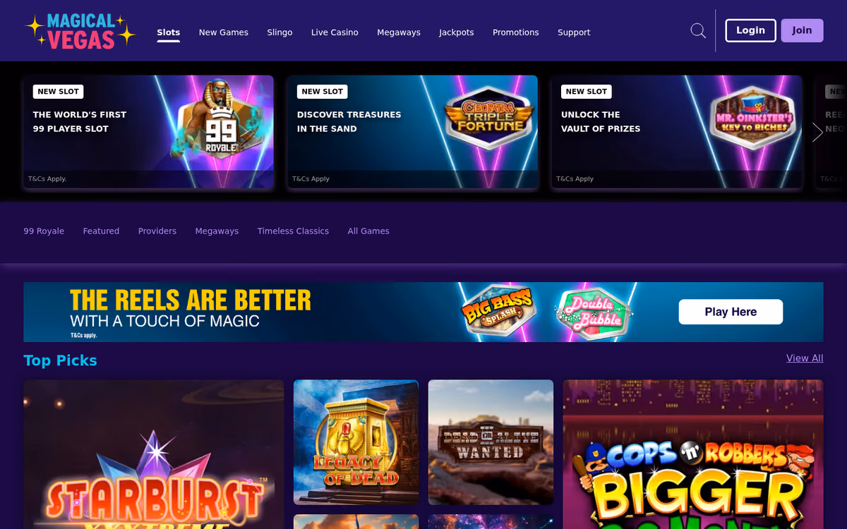 Magical Vegas slots lobby with Slingo and jackpot categories