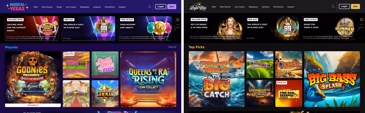 Magical Vegas beside Regal Wins, two Rank Interactive casinos on one build