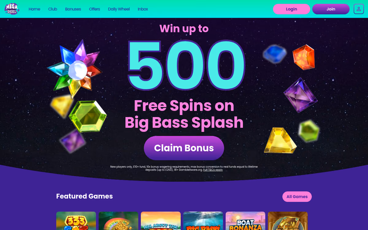Mega Reel sister sites evidence: the Mega Reel homepage showing the Win up to 500 Free Spins on Big Bass Splash hero and the Jumpman welcome small print
