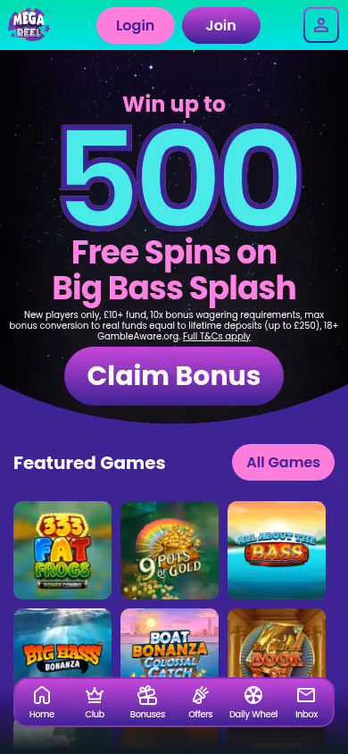 Mega Reel mobile homepage at a 390 by 844 viewport