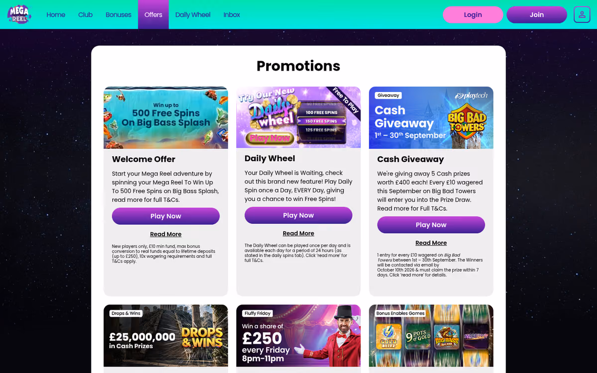 Mega Reel promotions page showing the Daily Wheel, Playtech Cash Giveaway and Drops and Wins campaigns
