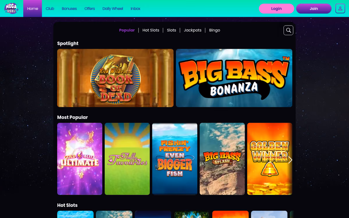 Mega Reel all games lobby showing the featured slots shelf