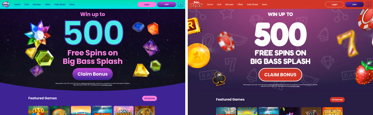 Mega Reel sister sites proof: Mega Reel and The Sun Play homepages side by side showing the identical Jumpman Gaming layout