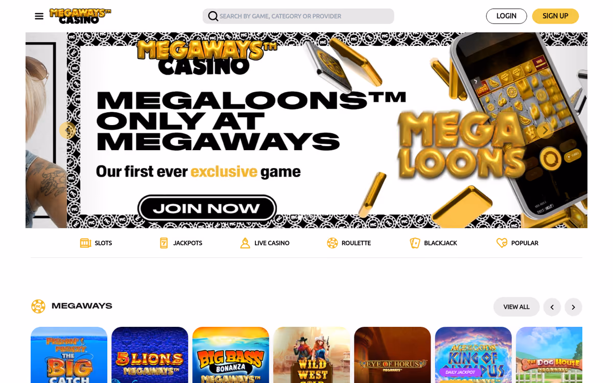 Megaways Casino sister sites evidence: the Megaways Casino homepage leading with its exclusive game Megaloons