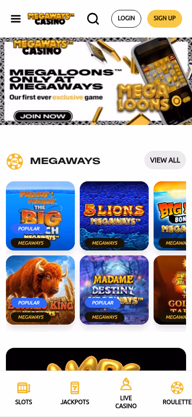 Megaways Casino mobile homepage at a 390 by 844 viewport
