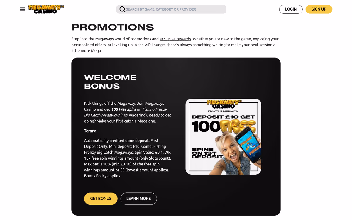 Megaways Casino promotions page showing the welcome free spins offer