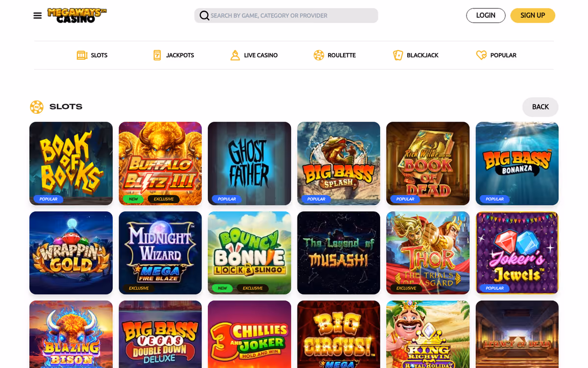 Megaways Casino slots lobby showing Big Bass Bonanza Megaways and The Dog House Megaways