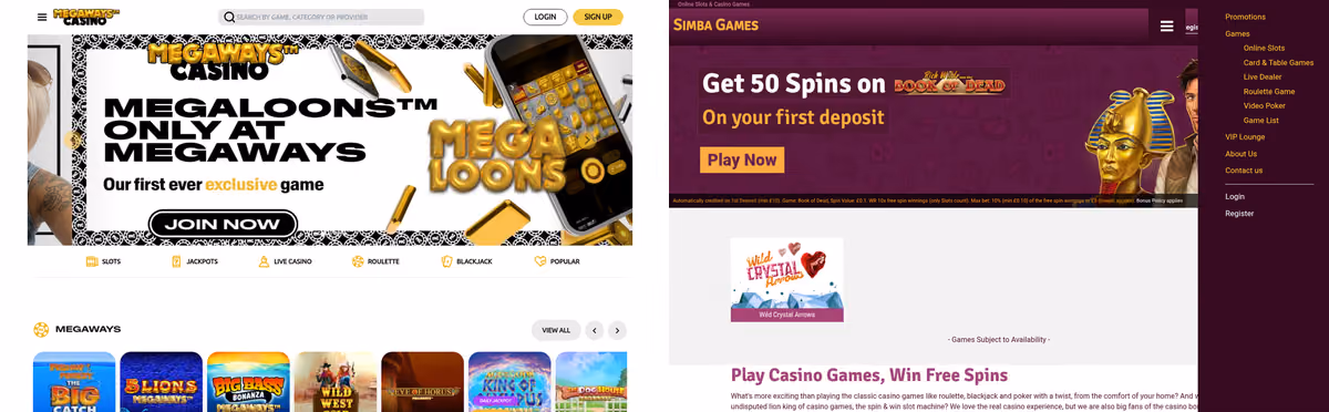 Megaways Casino sister sites proof: Megaways Casino beside Simba Games, two Skill On Net brands on one licence