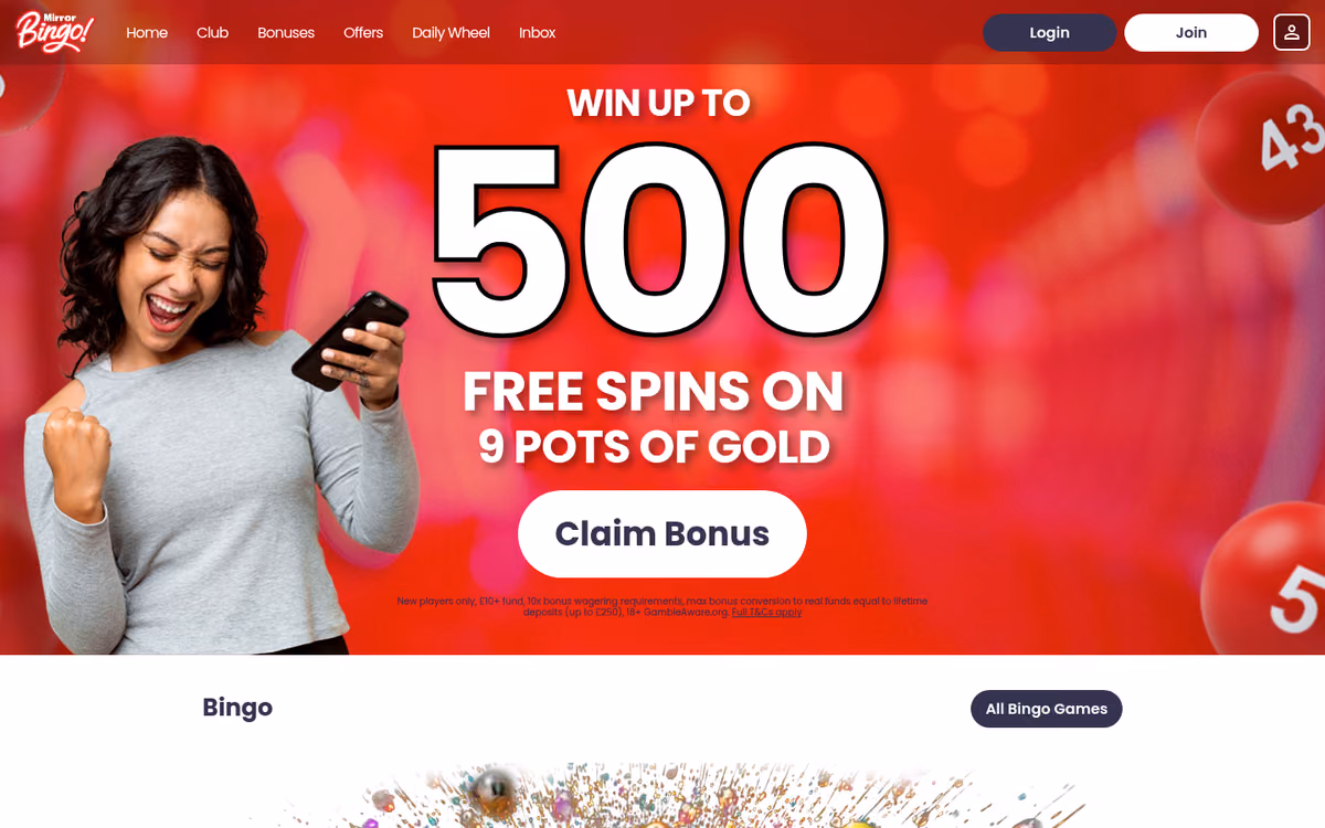 Mirror Bingo sister sites evidence: the Mirror Bingo homepage showing the Win up to 500 Free Spins on 9 Pots of Gold hero