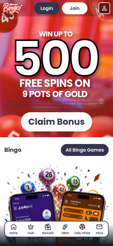 Mirror Bingo mobile homepage at a 390 by 844 viewport