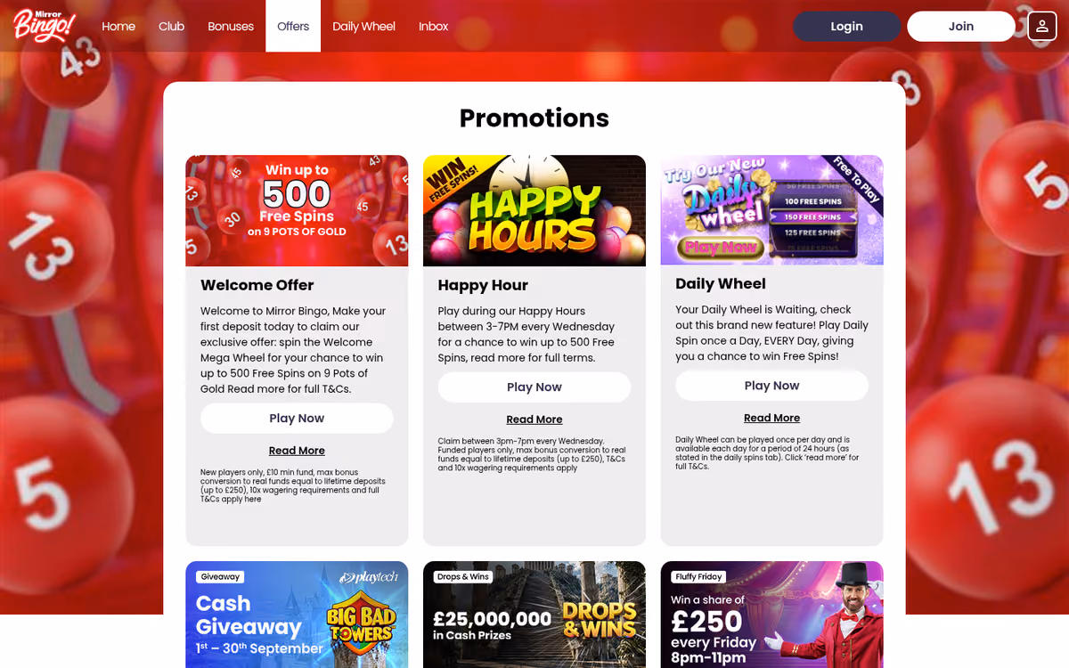 Mirror Bingo promotions page showing the Wednesday Happy Hour alongside the shared network campaigns