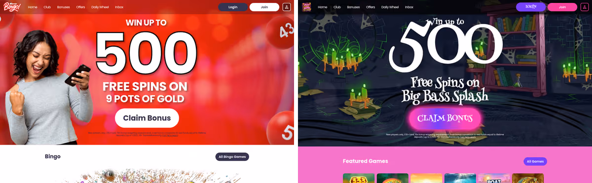Mirror Bingo sister sites proof: Mirror Bingo beside Wizard Slots showing the shared Jumpman Gaming platform