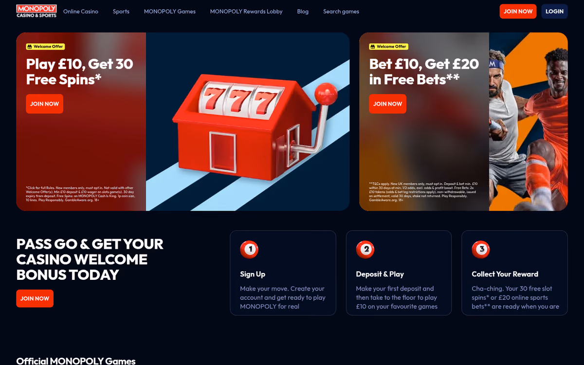 MONOPOLY Casino sister sites evidence: the monopolycasino.com homepage with its 30 free spins and £20 free bets welcome