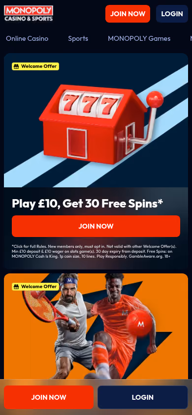 MONOPOLY Casino homepage at mobile width