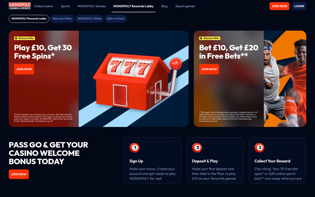 MONOPOLY Casino terms page, served as a readable page