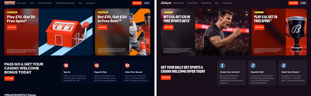 MONOPOLY Casino beside Bally Casino, two Gamesys brands with sportsbooks