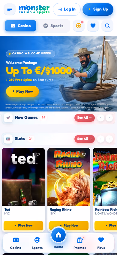 Monster Casino mobile homepage at a 390 by 844 viewport