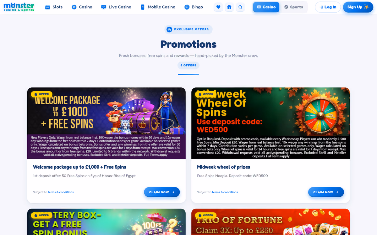 Monster Casino promotions page showing the welcome package and its 50x wagering requirement