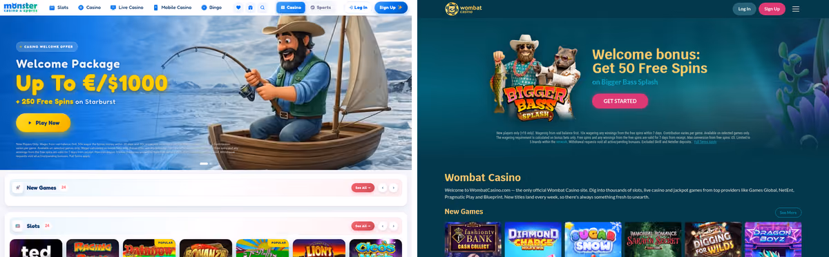 Monster Casino sister sites proof: Monster Casino beside Wombat Casino, two ProgressPlay brands on one licence with nothing visually in common