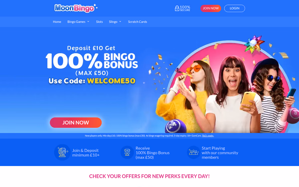 Moon Bingo homepage showing a 100% bingo bonus up to £50 with a deposit code