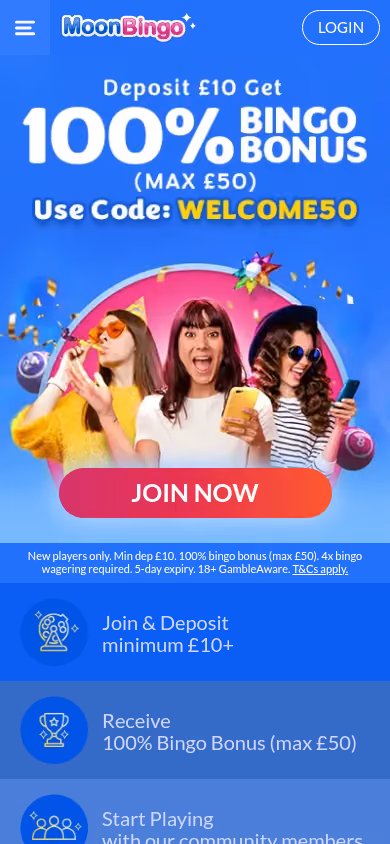 Moon Bingo homepage on a mobile viewport