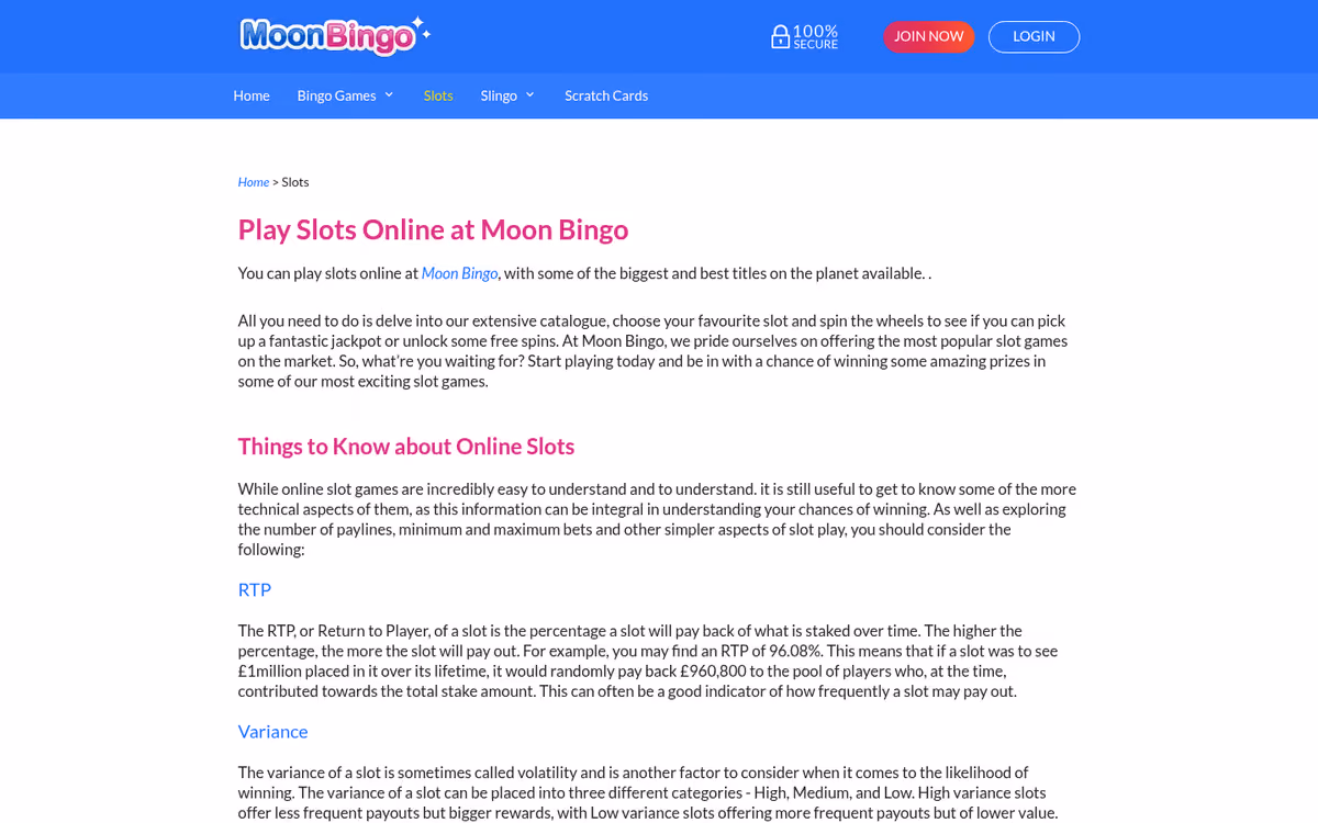 Moon Bingo slots page showing an article about RTP and variance