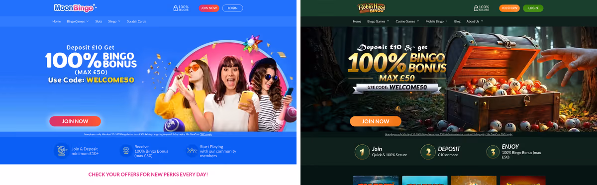 Moon Bingo and Robin Hood Bingo homepages side by side