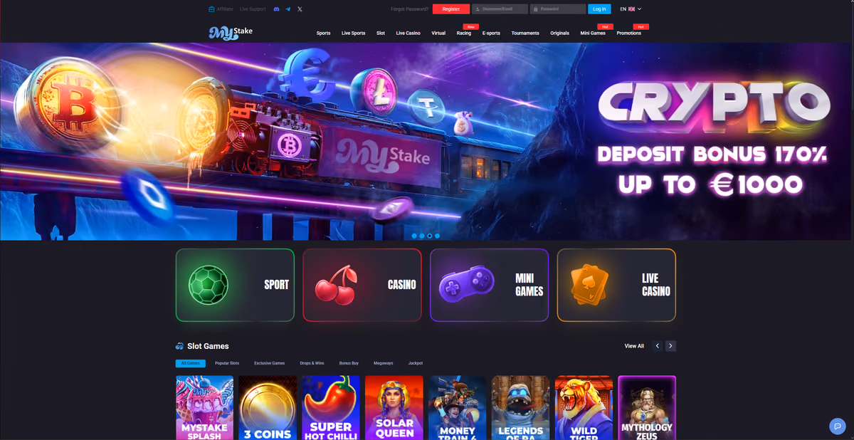 MyStake homepage showing the 170% crypto deposit bonus up to EUR1,000 and the Originals section in the navigation