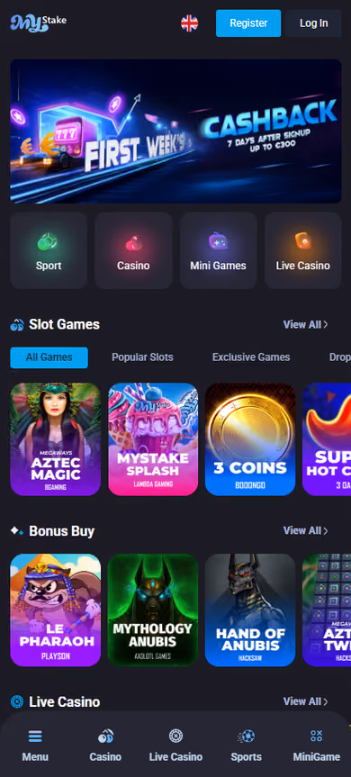 MyStake mobile homepage showing the first-week cashback offer up to EUR300 and Sport, Casino, Mini Games and Live Casino tiles